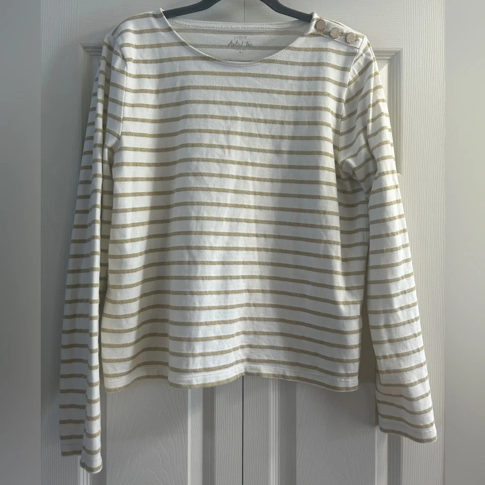 J.Crew Shirt Women's Size L White Gold Stripe Long Sleeve Artist T-Shirt - Picture 1 of 10